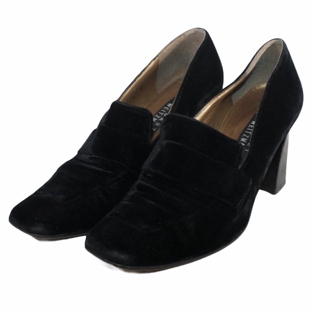 STUART WEITZMAN Black Velvet Loafer Block Heel Square Toe 9